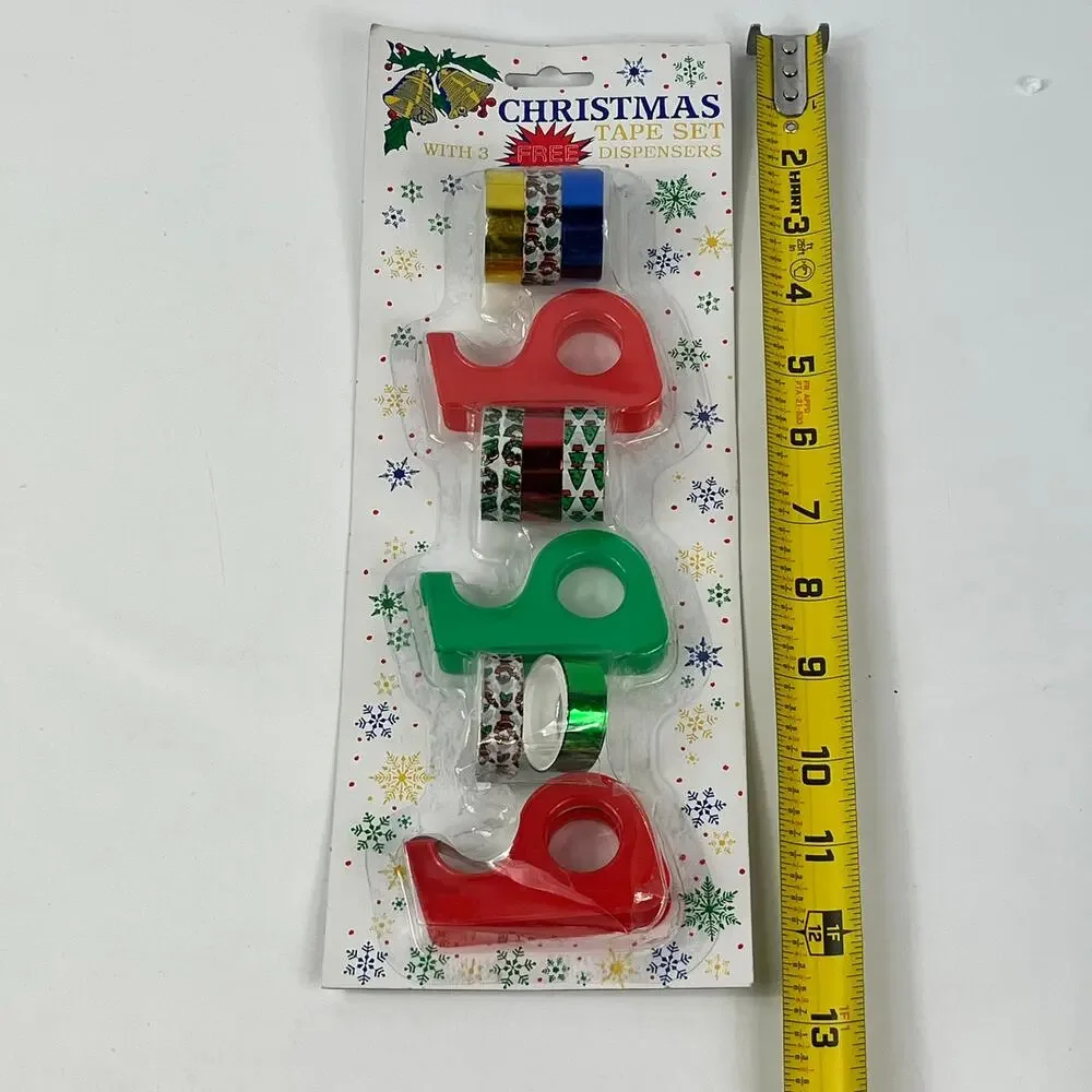 Vtg Christmas Tape Set 3 Mini Dispensers Foil & Patterned Rolls 1990s Taiwan